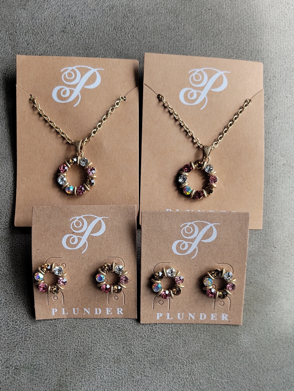 Plunder Gold-tone Pink & Iridescent Crystal Wreath Necklace and Earring Sets